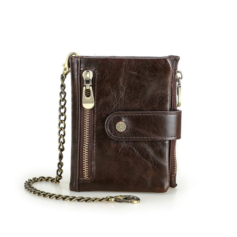 7570 Chain Wallet Anti-Theft Biker Wallet Crazy Horse Leather Bifold Purse